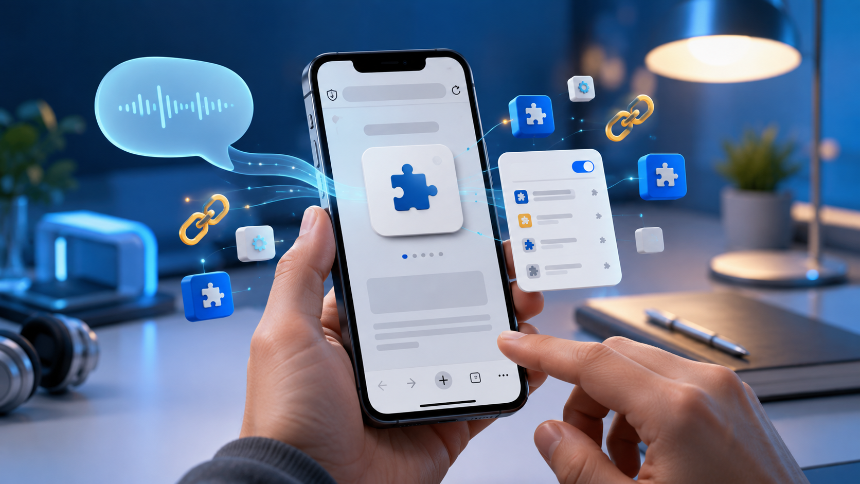 Descripción de imagen: unas manos sostienen un iPhone que muestra un navegador. Una burbuja con una onda de voz se conecta con módulos de extensión y símbolos de enlaces web que se ensamblan alrededor del teléfono.