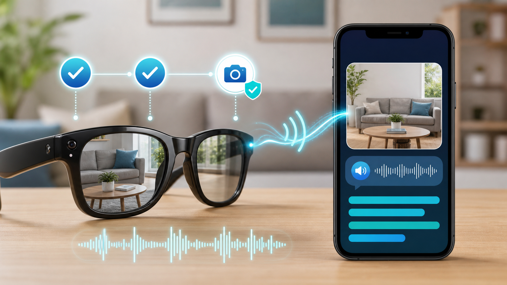 Descripción de imagen: ilustración editorial de unas gafas inteligentes Ray-Ban Meta conectadas a un iPhone, con pasos completados, permiso de cámara, transmisión inalámbrica y ondas de audio para la descripción del entorno.