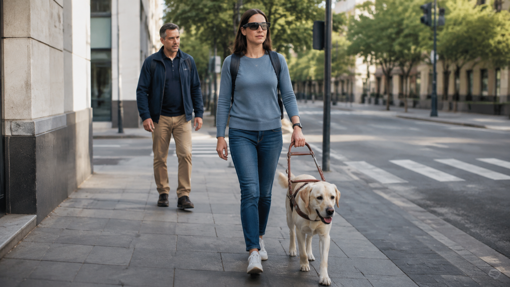 Descripción de imagen: una mujer con gafas inteligentes negras camina por una acera junto a un perro guía labrador con arnés. Un instructor sigue el recorrido desde unos pasos atrás y al fondo se ve un cruce peatonal.