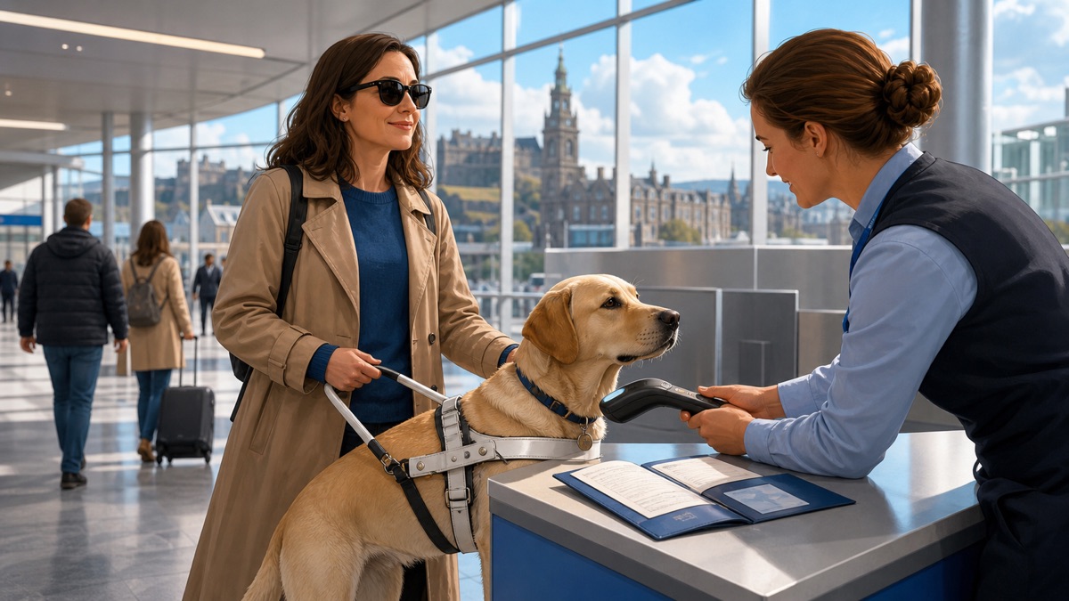 Descripción de imagen: una viajera ciega llega a un aeropuerto británico con su perro guía mientras una trabajadora comprueba el microchip y el pasaporte veterinario.