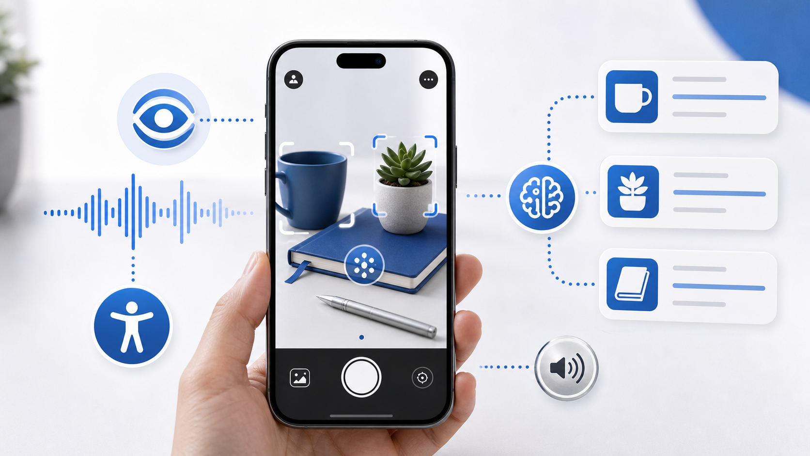 Descripción de imagen: ilustración editorial de un teléfono usando inteligencia visual con VoiceOver, rectángulo de enfoque, ondas de audio y nodos de análisis.