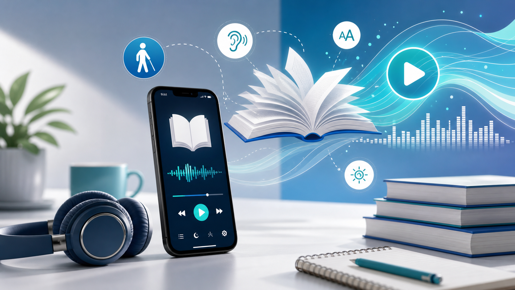 Descripción de imagen: ilustración editorial de un teléfono con ondas de audio, auriculares y páginas de libro digital accesible.